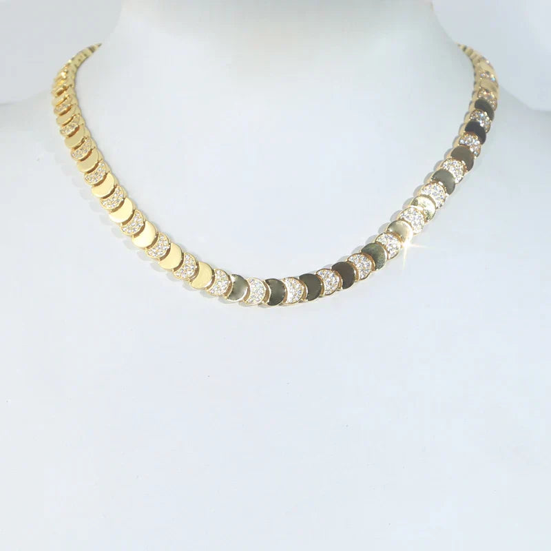 Gold Color Fashion Women Jewelry Set Geometric Shiny Plain Paved 5A CZ Moon Shaped Chain Choker Necklace Bracelet