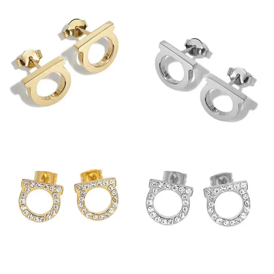 2Pcs of Simple and Luxurious D-shaped Stainless Steel Stud Eearrings Inlaid Sparkling Cubic Zircon Ear Piering Jewelry