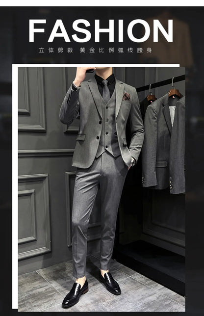 ( Blazer + Vest + Pants ) Boutique Fashion Solid Color Men's Slim Casual Business Suit Three-piece Set Groom Wedding Dress Party