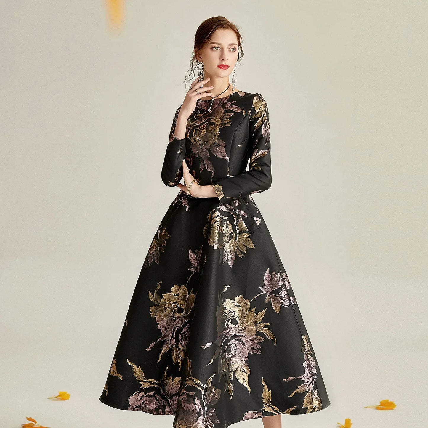 Luxury Women Long Maxi Jacquard Dress Spring Autumn Boho Floral Fashion Clothing Ladies Party Evening Ball Gown