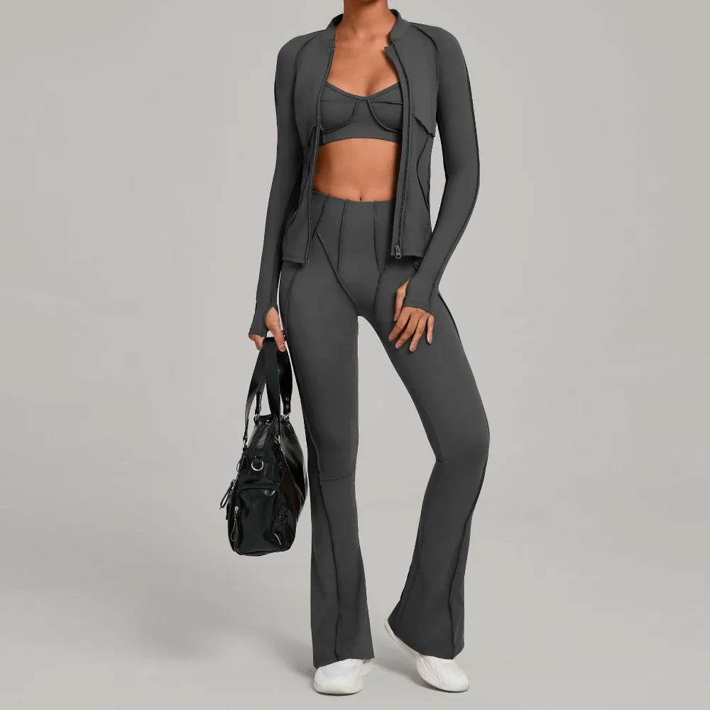 Gym Casual Yoga Set for Women Outdoor Running Fitness Outfit Autumn Winter Tight Sports Three-Piece Set Zipper Coat+bras+pants