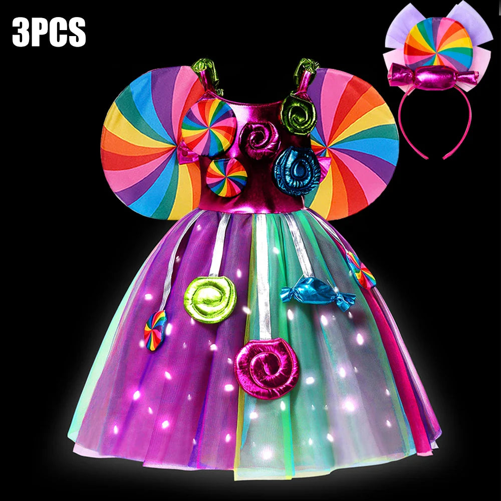 Rainbow Lollipop Girls Dress Sweet Purim Festival Celebrate Costume Fancy Carnival Children Vestidos Princess Cosplay Outfits