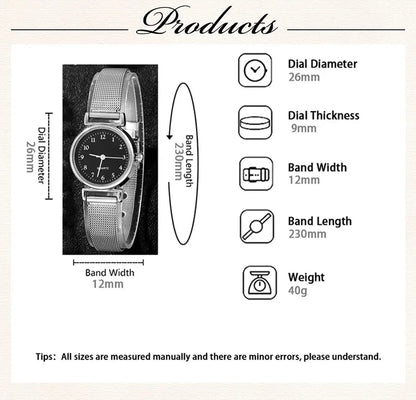 6PCS Set Women Watches Fashion Ladies Quartz Watch Bracelet Set Silvery Mesh Luxury Women Watches Dress Clock Montre Femme