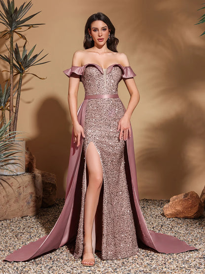 Sequined off-the-shoulder pleated collar satin floor-length dress