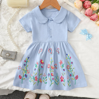 Girls' Short-Sleeved Dress with Floral Embroidery and Lapel Collar, Summer Style Sweet Princess Dress, Fresh Pastoral Style Children's Dress