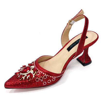 Sapatos e Bolsa Nigerianos de Salto Alto para Mulheres na Cor Vermelha, Conjunto de Bolsa com Strass com Design Italiano para Casamento