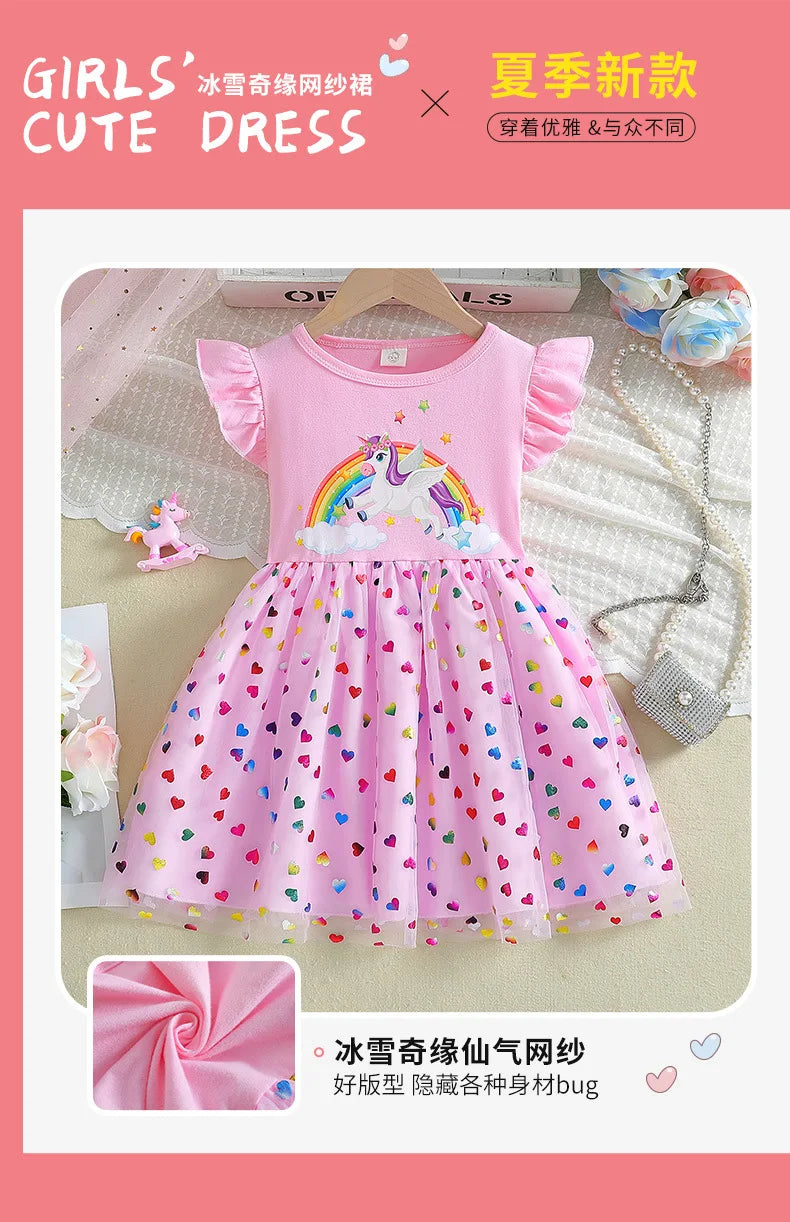2026 Korean Style Girls Summer Unicorn Print Dress Short Sleeve Tulle Princess Gown Kids Casual Party Clothes for South Korea