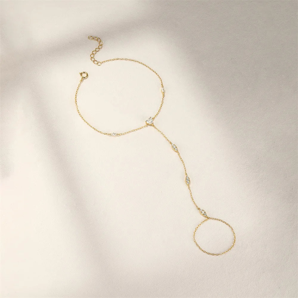 5A Zircon Finger Ring Chain Bracelets Horse Eye Lucky Clover Lab diamond Bracelet for Women Adjustable 925 Silver Jewelry