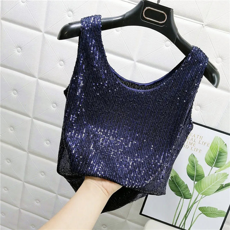 Sparkling Sequins Round Neck Vest Women's Outer Wear 2022 Summer New Bright Silk Fashion Glitter Bottoming Shirt Suspender Top