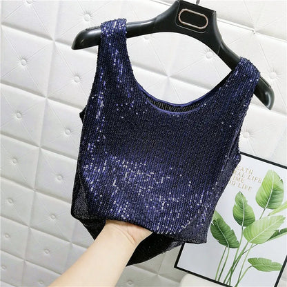 Sparkling Sequins Round Neck Vest Women's Outer Wear 2022 Summer New Bright Silk Fashion Glitter Bottoming Shirt Suspender Top