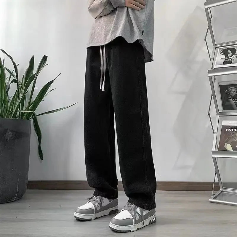 Loose Fit High Waist Elastic Waistband Summer Thin Denim Jeans Women Straight Leg Nine-Tenths Length Trendy American Street Styl