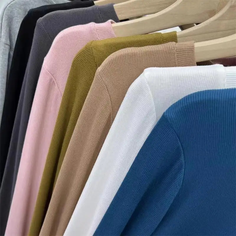 Outono Escritório Senhora Básica Gola Redonda Slim T-Shirt Feminina Cor Sólida Multicor Tendência Versátil Casual Top Manga Longa Elástico Canelado
