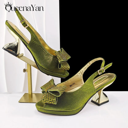 Elegant Women High Heels for Peep Toe Good Material Rhinestone Wine Sandals Italian Design Shoes and Bags Matching