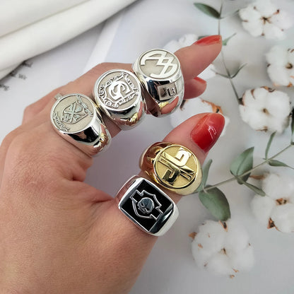 Custom  Engraved Pinky Ring 13mm Round Signet  Ring Custom Family Badge ring for Women Men Ring Copper Jewelry