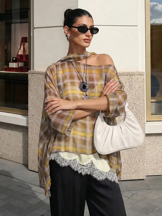 Women Fashion Plaid Print Blouse Vintage Casual Loose Asymmetric Hem Tops With Scarf Summer Thin Female Holiday Beach Outfits