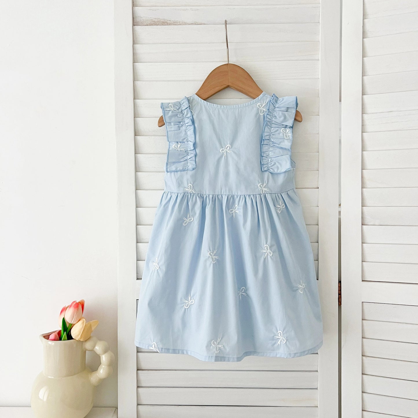 Summer Girls Dress Children's Clothing Bow Embroidered Flower Collar Girl's Dress Cartoon Printed Flying Sleeves Princess Dress