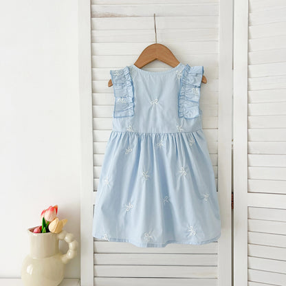 Summer Girls Dress Children's Clothing Bow Embroidered Flower Collar Girl's Dress Cartoon Printed Flying Sleeves Princess Dress