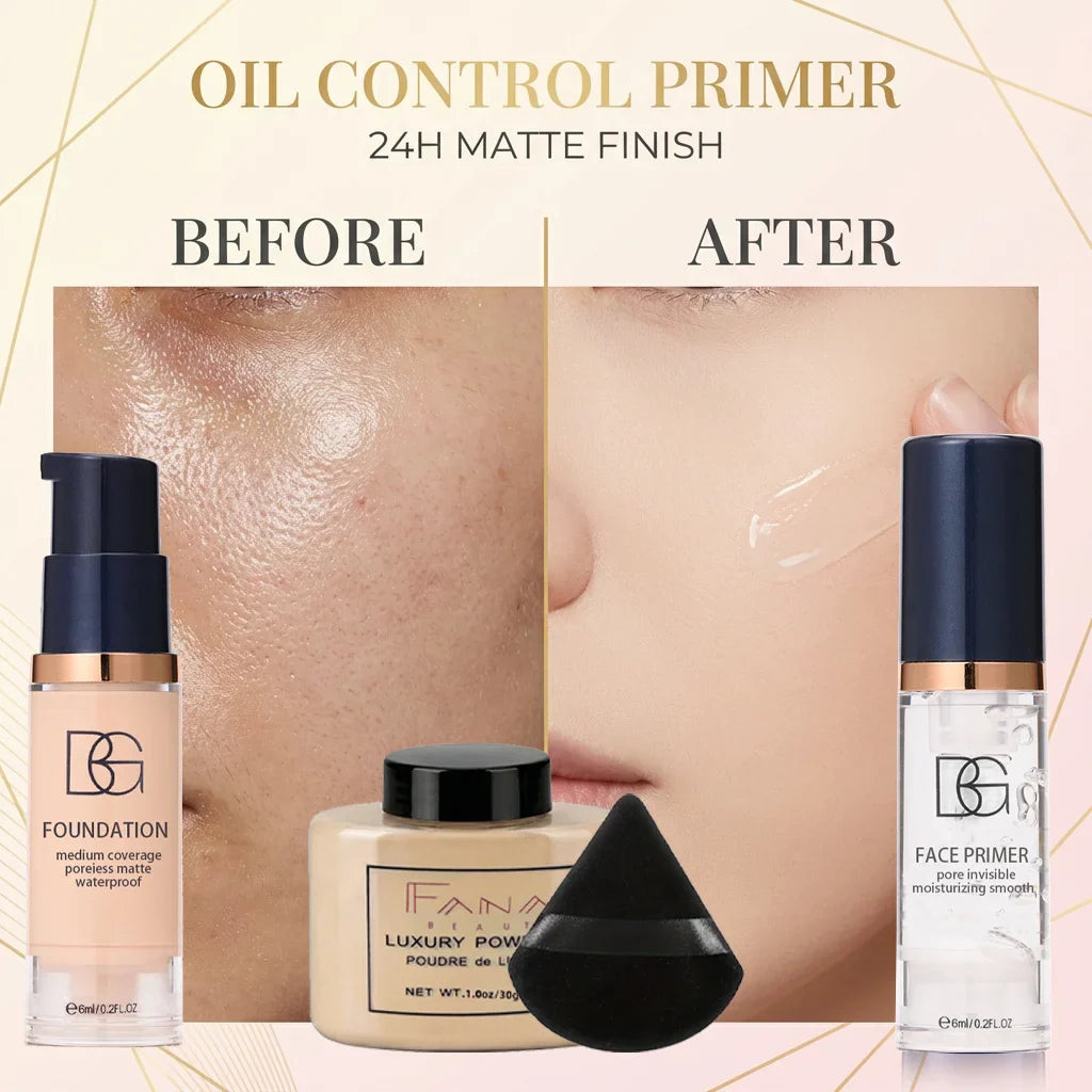 4-Pcs Set Face Makeup Bundle - Smoothing Primer, Matte Foundation, Setting Powder with Puff - Long-Lasting Waterproof Value Pack