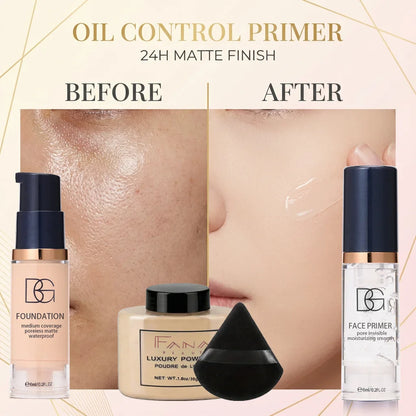 4-Pcs Set Face Makeup Bundle - Smoothing Primer, Matte Foundation, Setting Powder with Puff - Long-Lasting Waterproof Value Pack