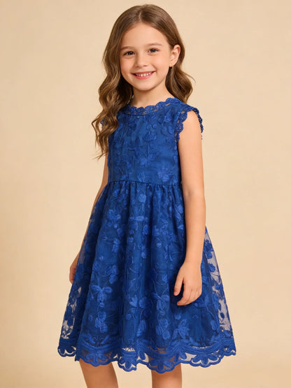 Summer Girl's Trendy Sleeveless Flower Embroidery Princess Dress Party Gown Lace Tulle Skirt Dress