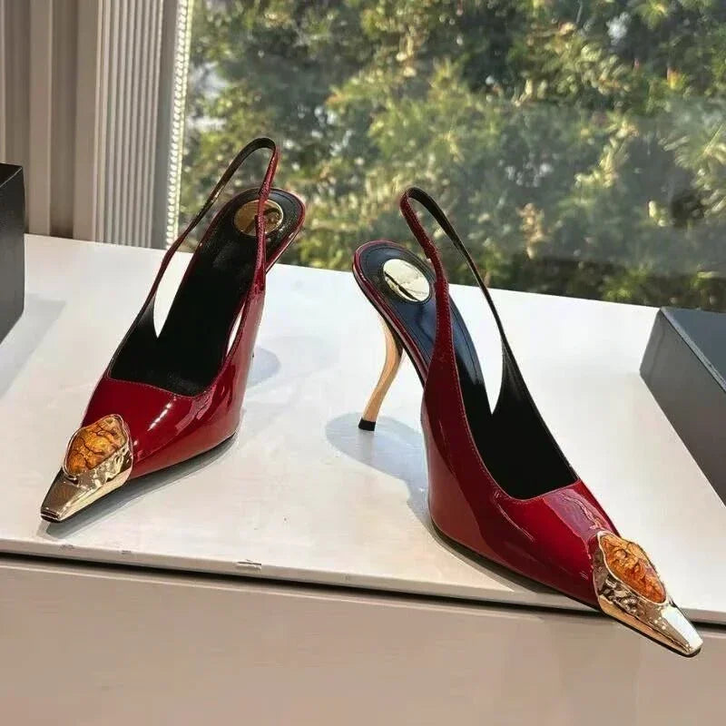 Luxury Metal Jewel Decoration Heels Women 2025 Sexy Pointed Toe Patent Leather Women Pumps Elegant Banquet High Heeled Sandals