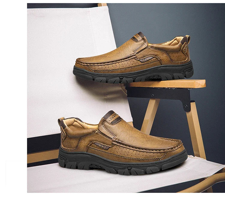 Men's Casual Loafers Handmade Breathable Leather Shoes with Thick Rubber Sole Comfortable Footwear Classic Hand Sewn Seams