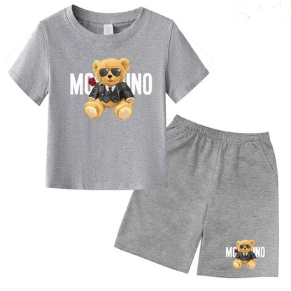 Boys Girls Summer Casual 2Pcs Set Lovely Bear Letter Print T-shirt & Shorts Comfortable Sports Running Suit