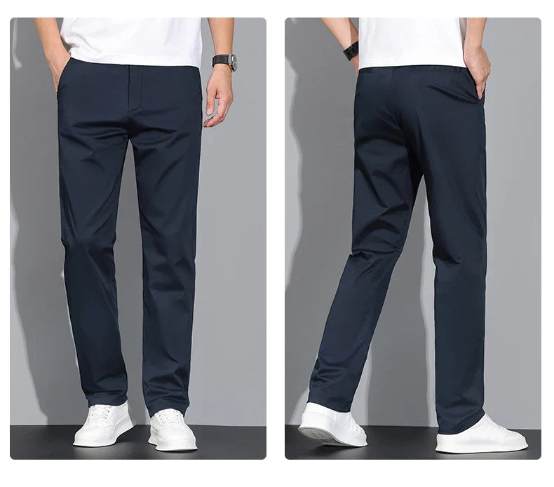New Men's Business Cotton Thin Straight Pants Casual Elastic Slim Comfortable Male Brand Trousers Black Gray Khaki Royal Blue