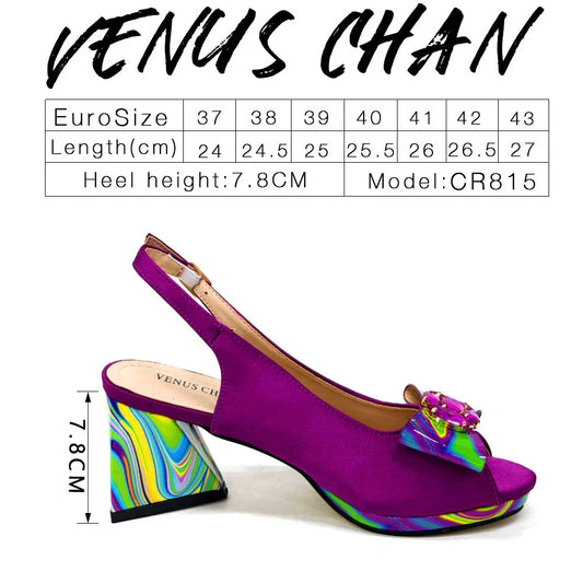 Fashion Purple Color Painted Rhinestones Elegant Peep Toe Sandals Shoes and Bag Set Italian Heels for Womens