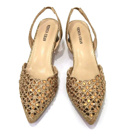 Low Heel Shoes for Women Hollowed Out Embroidery Rhinestone Italian Design Gold Color Pointed-Toe Shoes and Bags Set