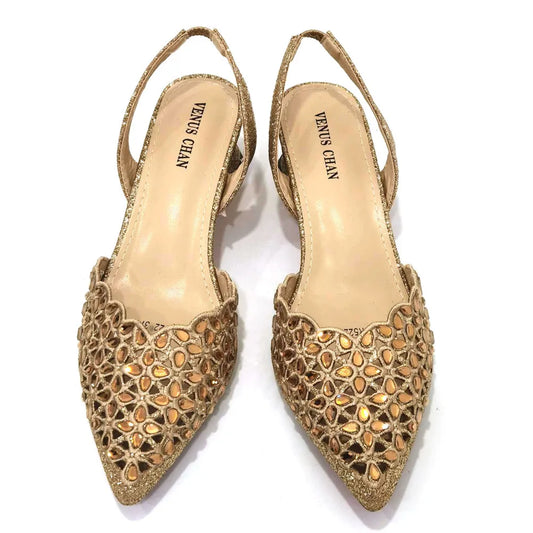 Low Heel Shoes for Women Hollowed Out Embroidery Rhinestone Italian Design Gold Color Pointed-Toe Shoes and Bags Set