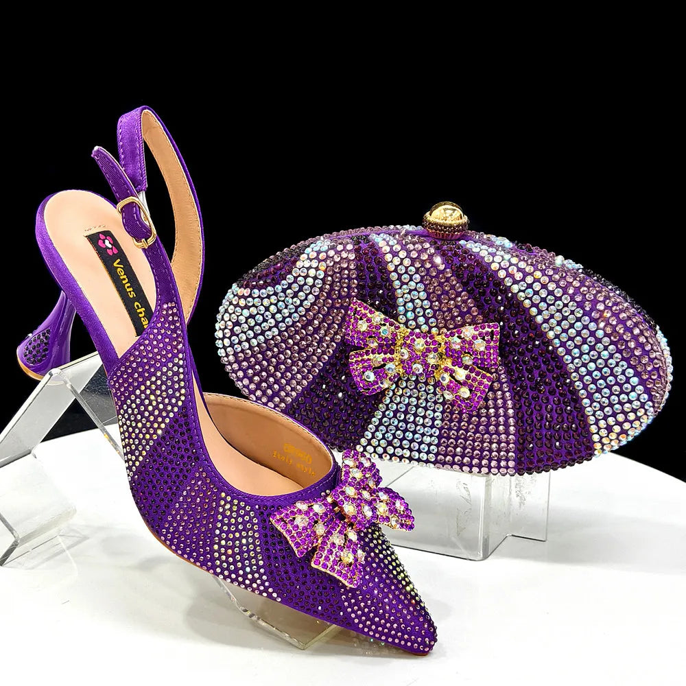 Green Color Pointed-Toe High Women Heels Shoes and Bags for Women Rhinestone Evening Party Elegant Luxury Handbag