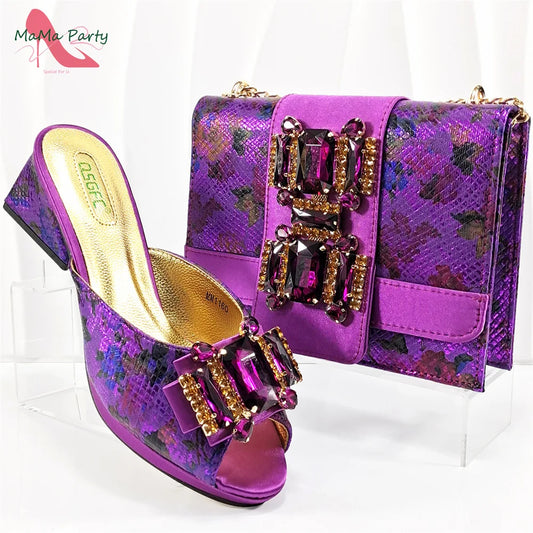 2025 Italian New Arrivals Shoes and Bag Set in Purple Color High Quality Special Design Slipper with Crystal for Wedding Dress
