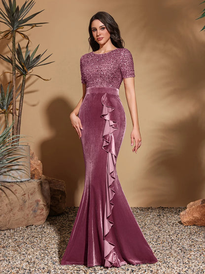Round neck short sleeve sequined velvet ruffled decorative hip dress
