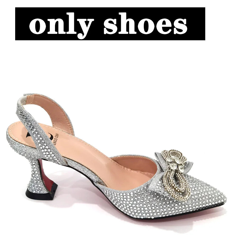 Rhinestone Bow Side Empty Party High Heels Pointed Toe Stiletto Heels Silver Women's Shoes And Bags