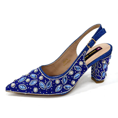 Conjunto Elegante de Sapatos e Bolsa Femininos Nigerianos de Bico Fino para Festa, Scarpins Luxuosos com Strass para Ocasiões Especiais