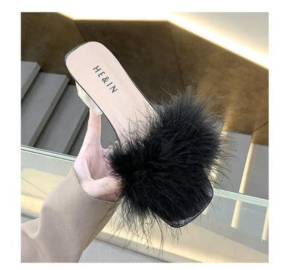 2023 Fluffy Peep Toe Sexy High Heels Women Shoes Fur Feather Lady Fashion Wedding Slip-On Pink Square Toe Women Sandals
