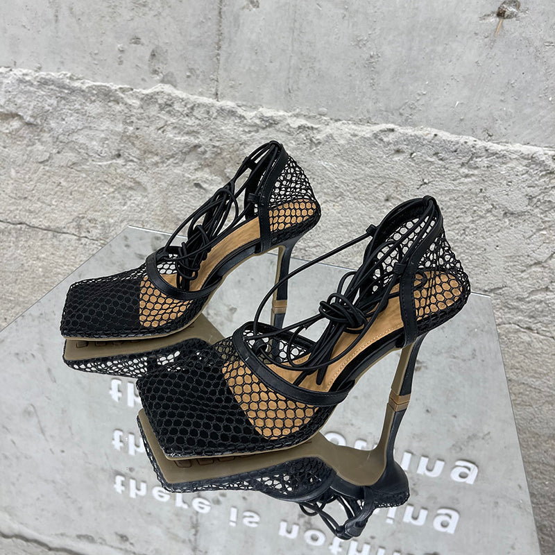 2025 Summer Sexy Mesh Pumps Sandals Female Square Toe High Heel Lace Up Cross-Tied Stiletto Hollow Dress Party Shoes