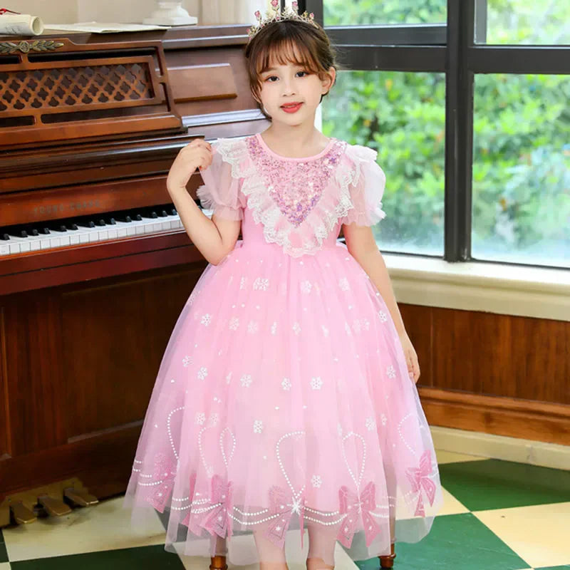 Girls Sweet Dress Summer Children Princess Gown Kids Spring Casual Short-sleeve Vestidos Kids Solid Color Loose Clothing 2-8Y