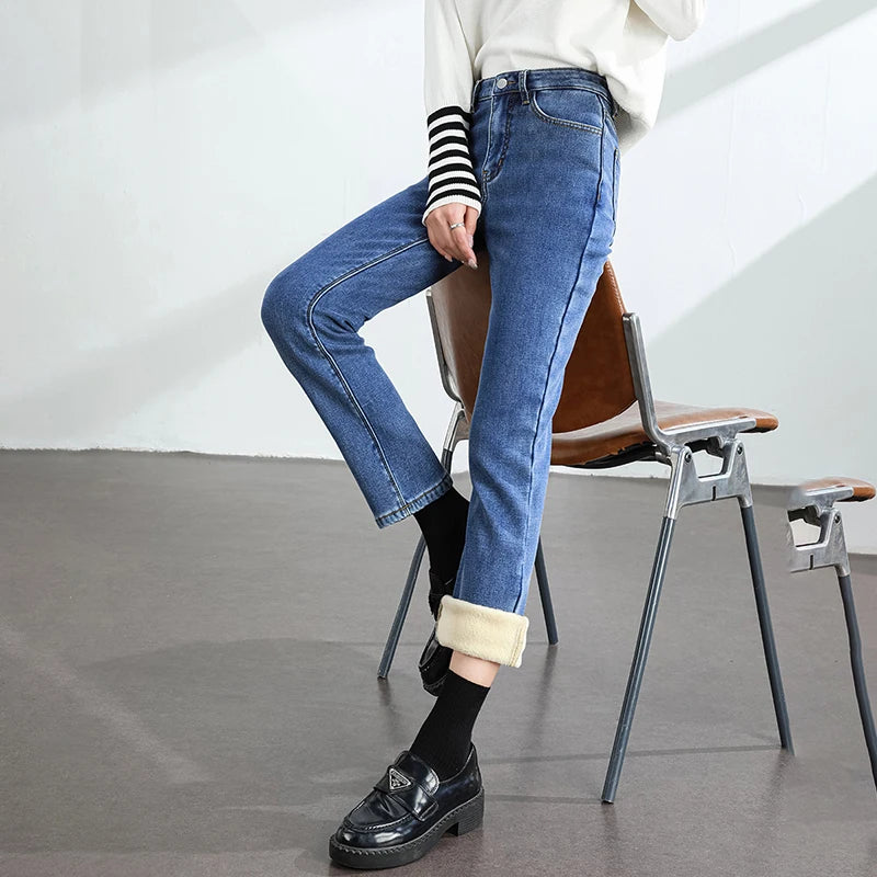 Calças Jeans Femininas de Inverno Quentes de Lã Retrô Elásticas Grossas Confortáveis Retas Modernas Coreanas Casuais de Veludo Denim
