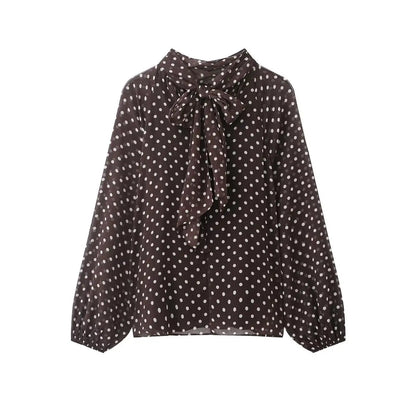 New Women Bow Collar Blouse Vintage Polka Dot Printed Loose Tops Fashion Elegant Spring Long Sleeve Commuting Shirts