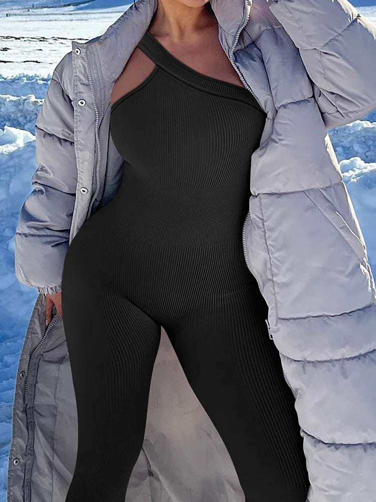 Women Yoga Jumpsuits Workout Ribbed One Shoulder One Piece Sport Jumpsuits Solid Sleeveless Hip Lifting Fitness Jumpsuits