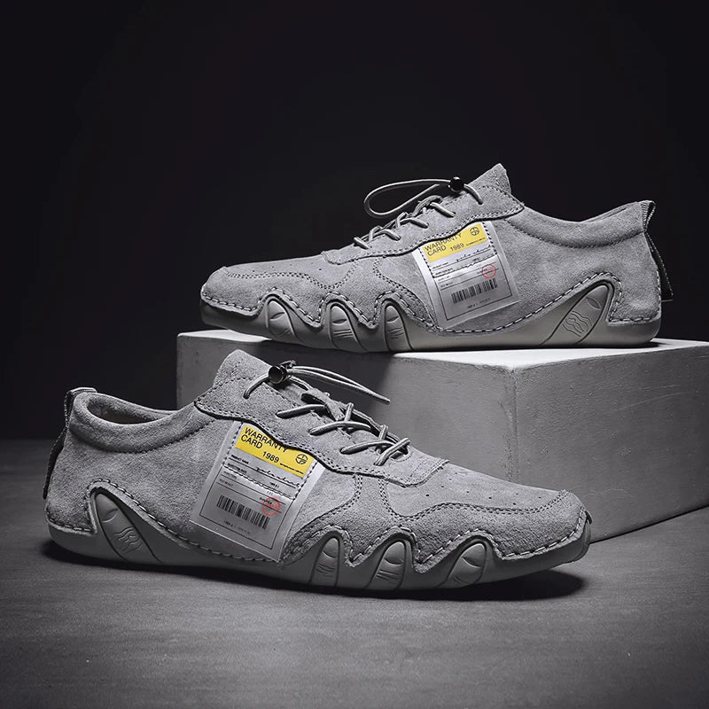 Men Lightweight Sneakers Non-slip Sole Stitch Genuine Solid Leather Shoes Outdoor Casual Walking Driving Flats Shoes