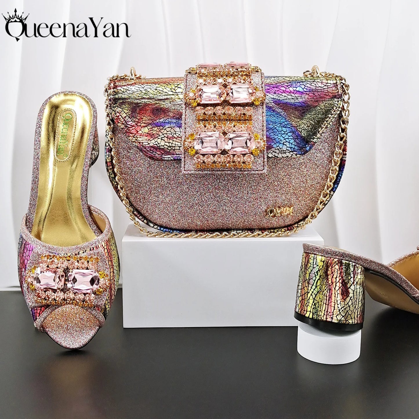 Fashion Mature  Brushed Style Rainbow Color Rhinestone Decoration Design Party Wedding Lady High Heels and Bag Set