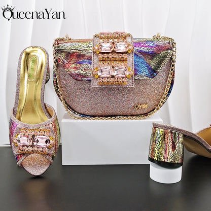 Fashion Mature  Brushed Style Rainbow Color Rhinestone Decoration Design Party Wedding Lady High Heels and Bag Set