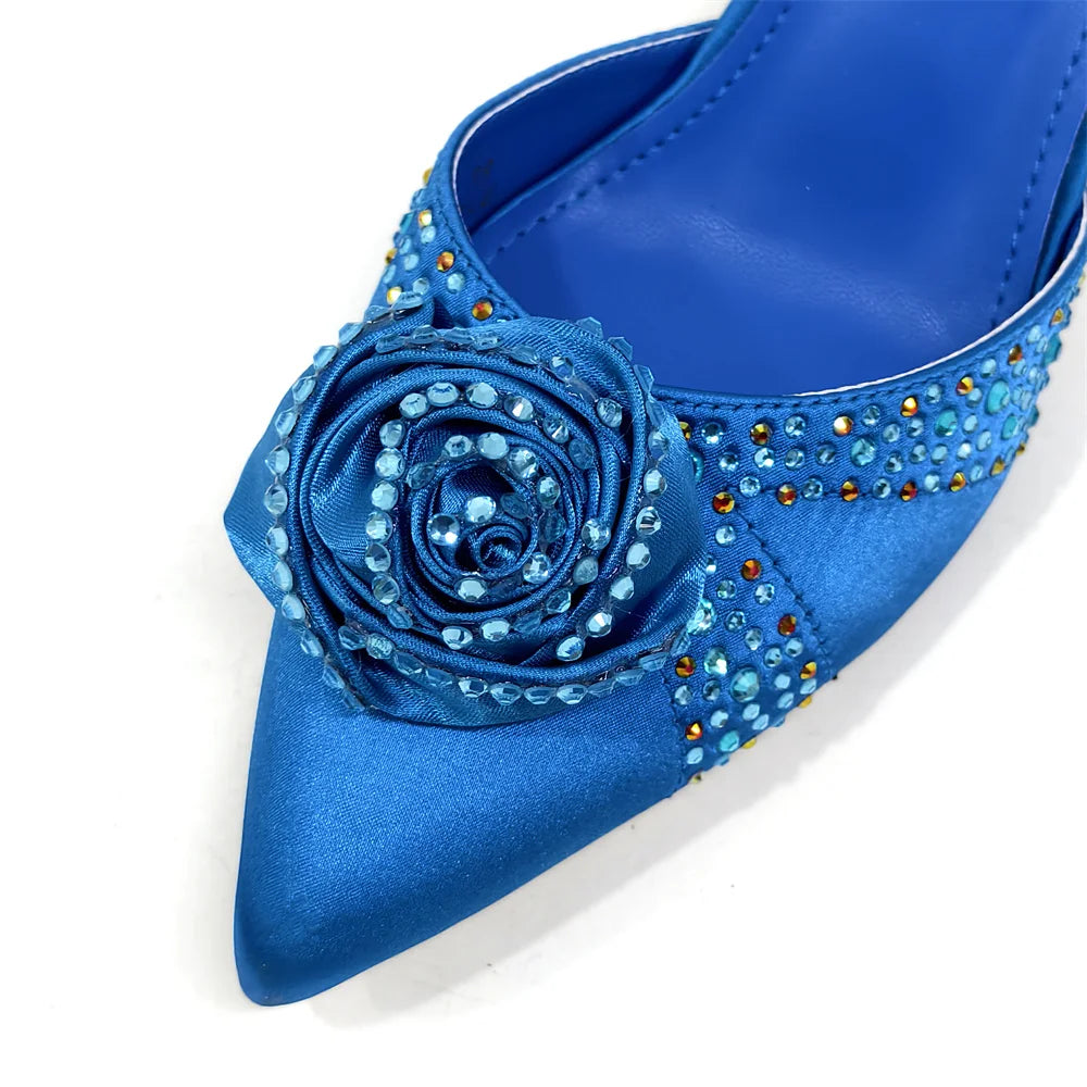 Sparkling Rhinestone Rose Pumps With Medium Heel for Nigerian Women's Party, Pointed Toe Shoes and Matching Bags