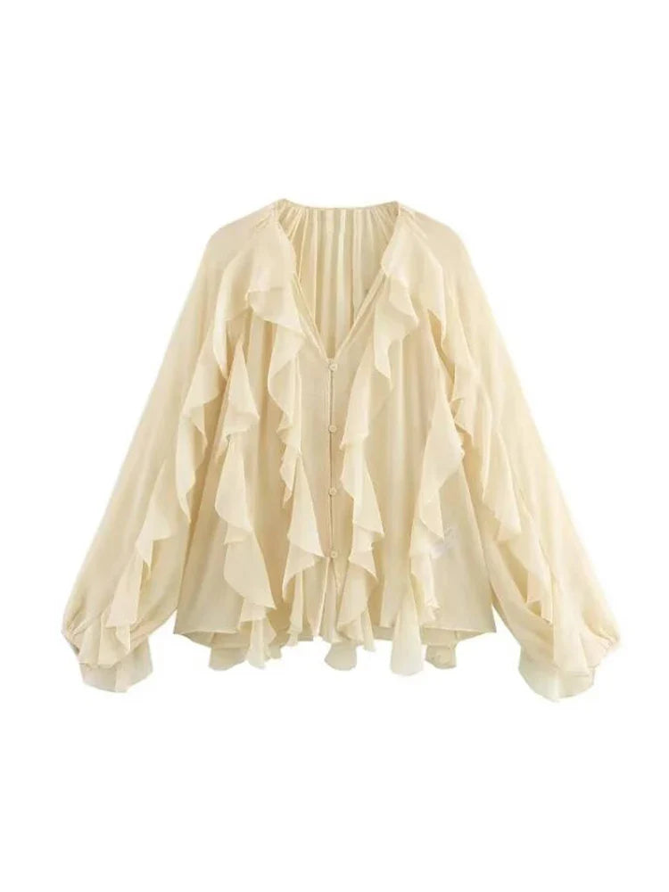 2025 Ruffle Blouses for Women Semi Sheer Shirts and Blouses Woman Summer Casual Blouses Woman Fashion Tops Womens Blouses