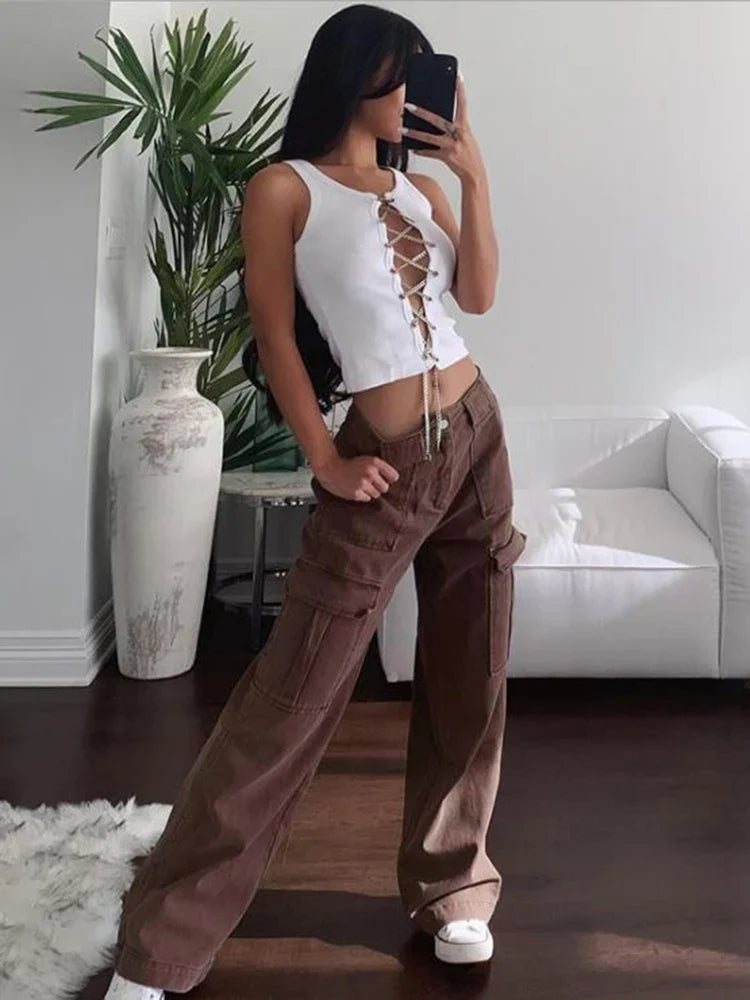 Women Wide Leg Baggy Brown Jeans