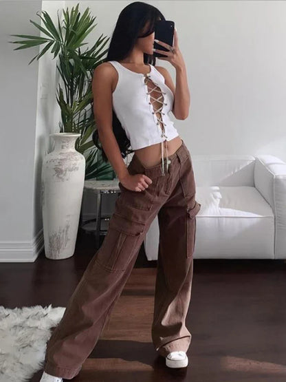 Women Wide Leg Baggy Brown Jeans