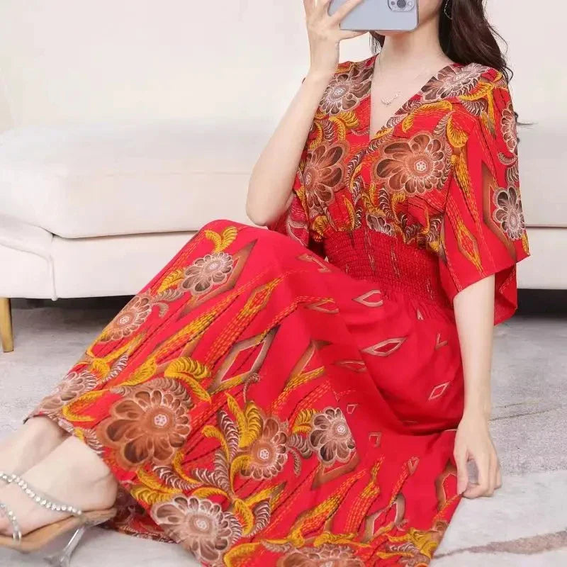 Flower V-neck Elastic Youthful Bohemian Sweet Midi Dress Woman Clothes Chic Fashion Summer Dresses 2025 Large Swing Ski